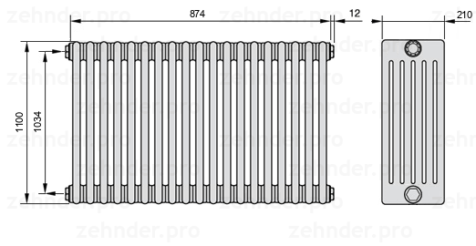Схема (чертеж) Радиатор Zehnder Charleston 6110/19 №1270 Белый глянцевый RAL 9016